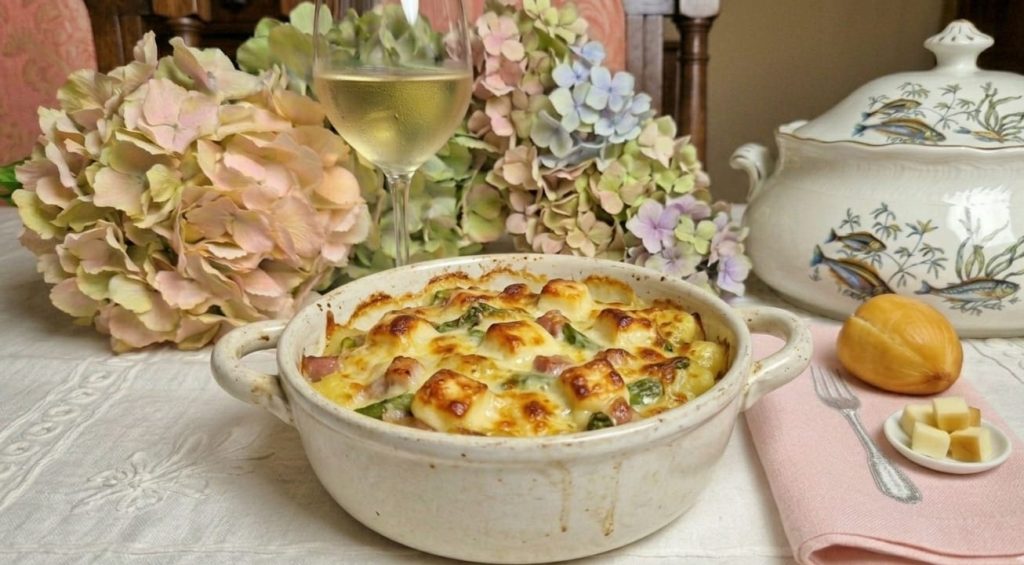 Nhoque cremoso com aspargos e pancetta crocante