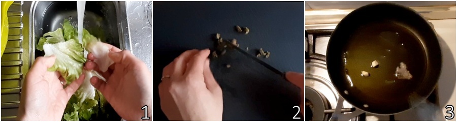 a. limpar a escarola e refogar alho e anchovas