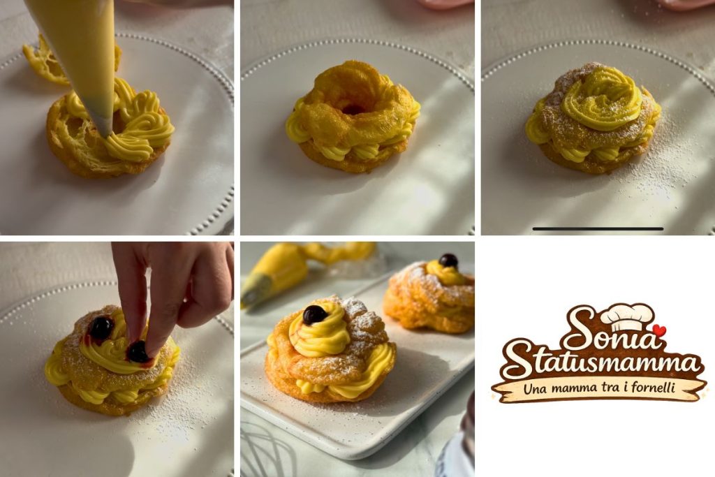 Zeppole clássicas de São José com creme de confeiteiro e amarena em calda