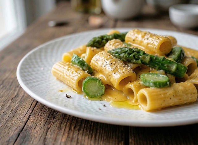 Carbonara de aspargos: o segredo pra um creme de gemas sedoso e um fundo mineral