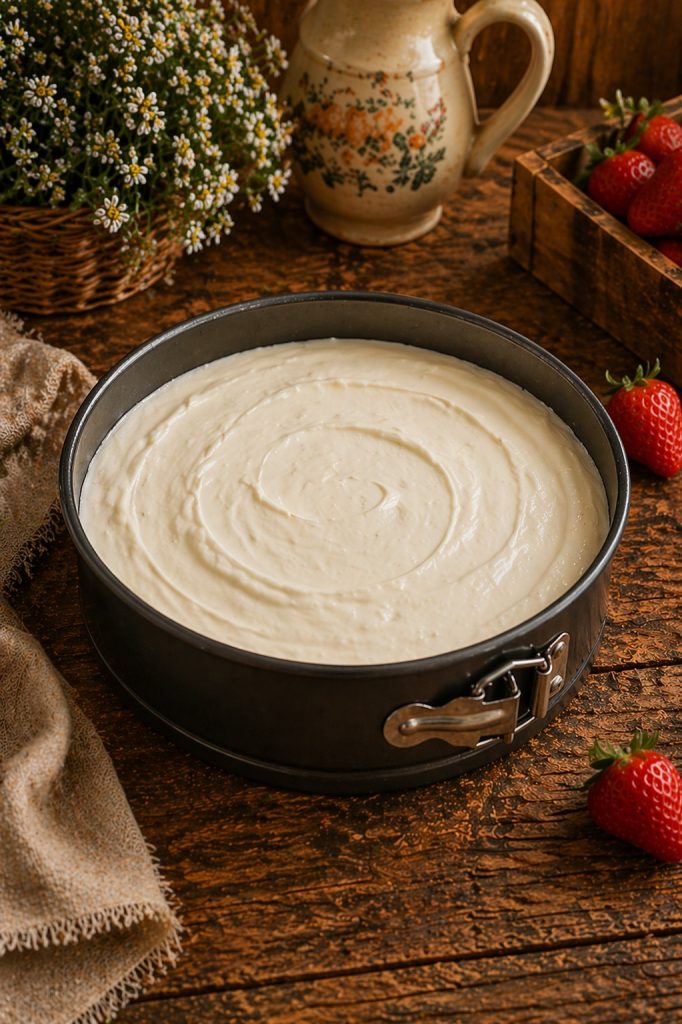 Creme da cheesecake sendo colocado na forma com base de biscoito