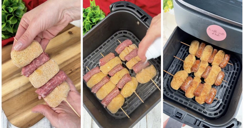 Espetinhos de croquetes e linguiça na air fryer
