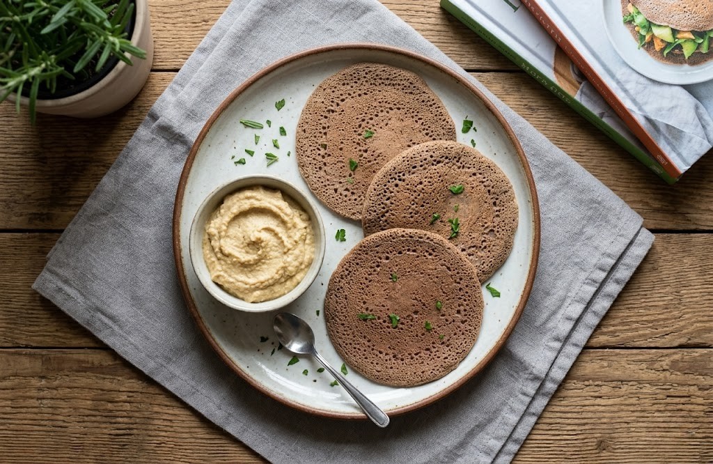 piadinhas de trigo sarraceno com tomatinhos e hummus