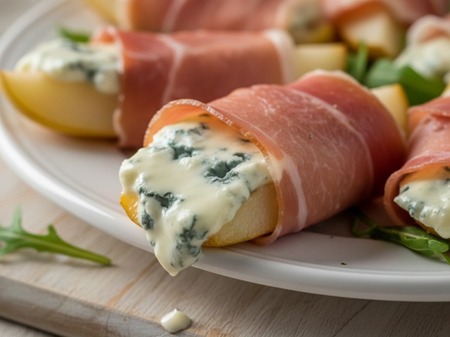 Rolinhos de pera com presunto cru e gorgonzola