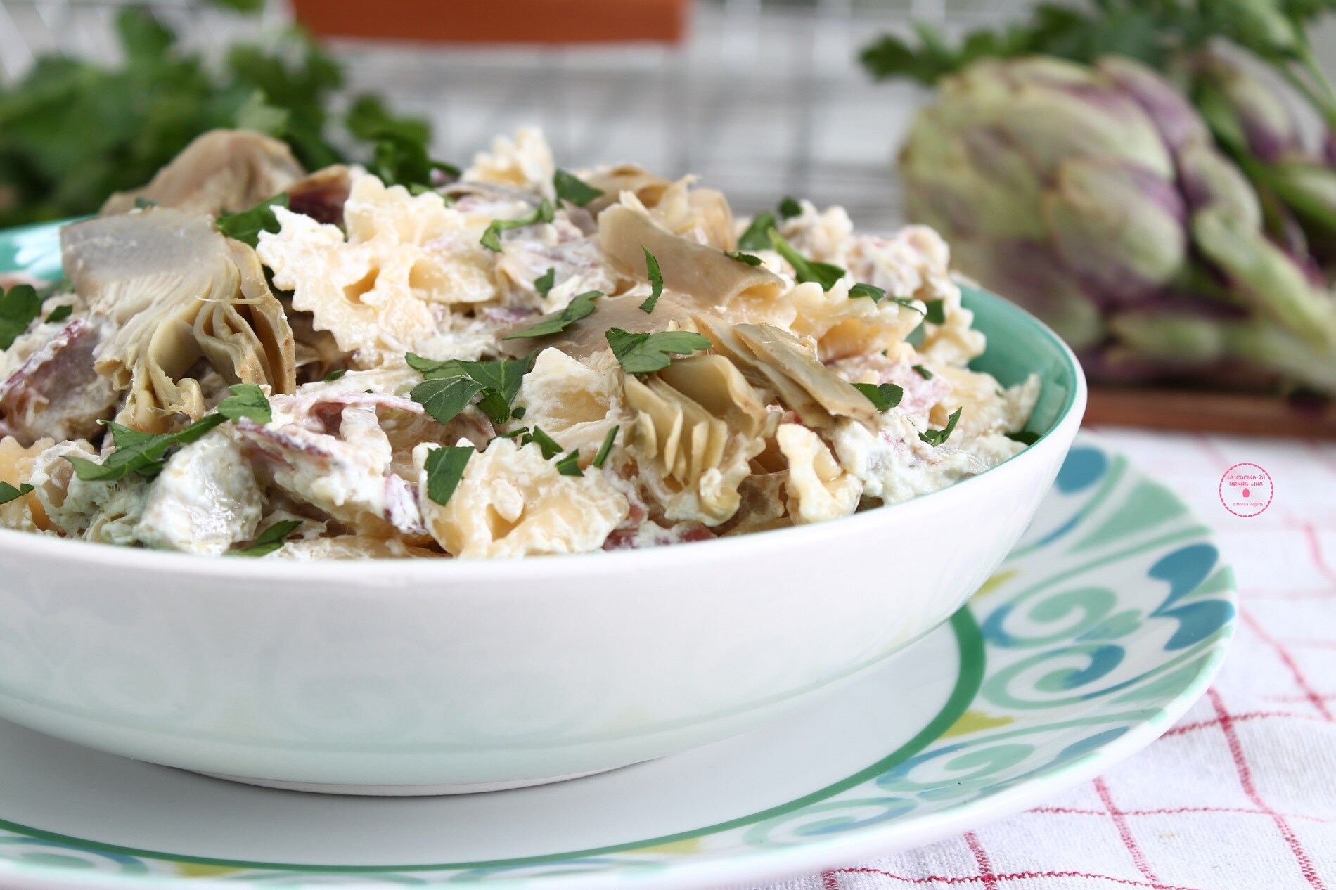 Romige pasta met artisjokken en spek