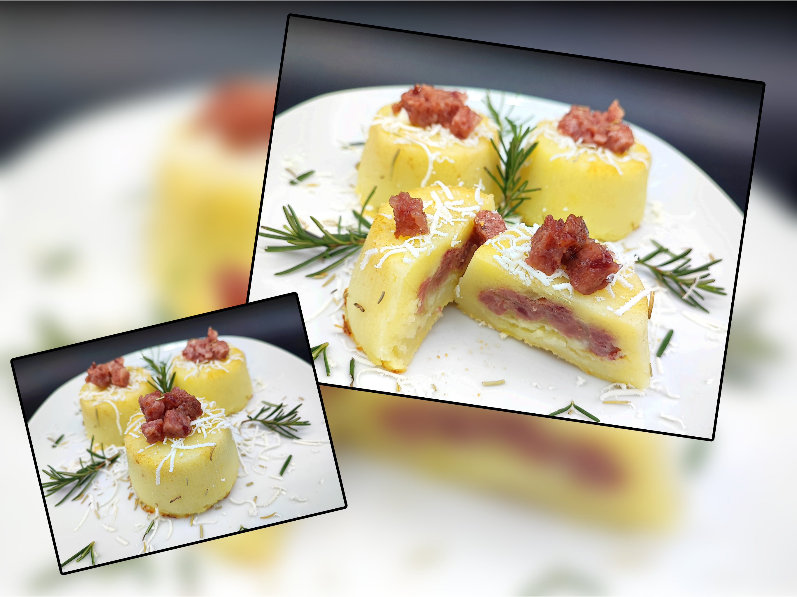 Aardappeltorentjes met cotechino en scamorza