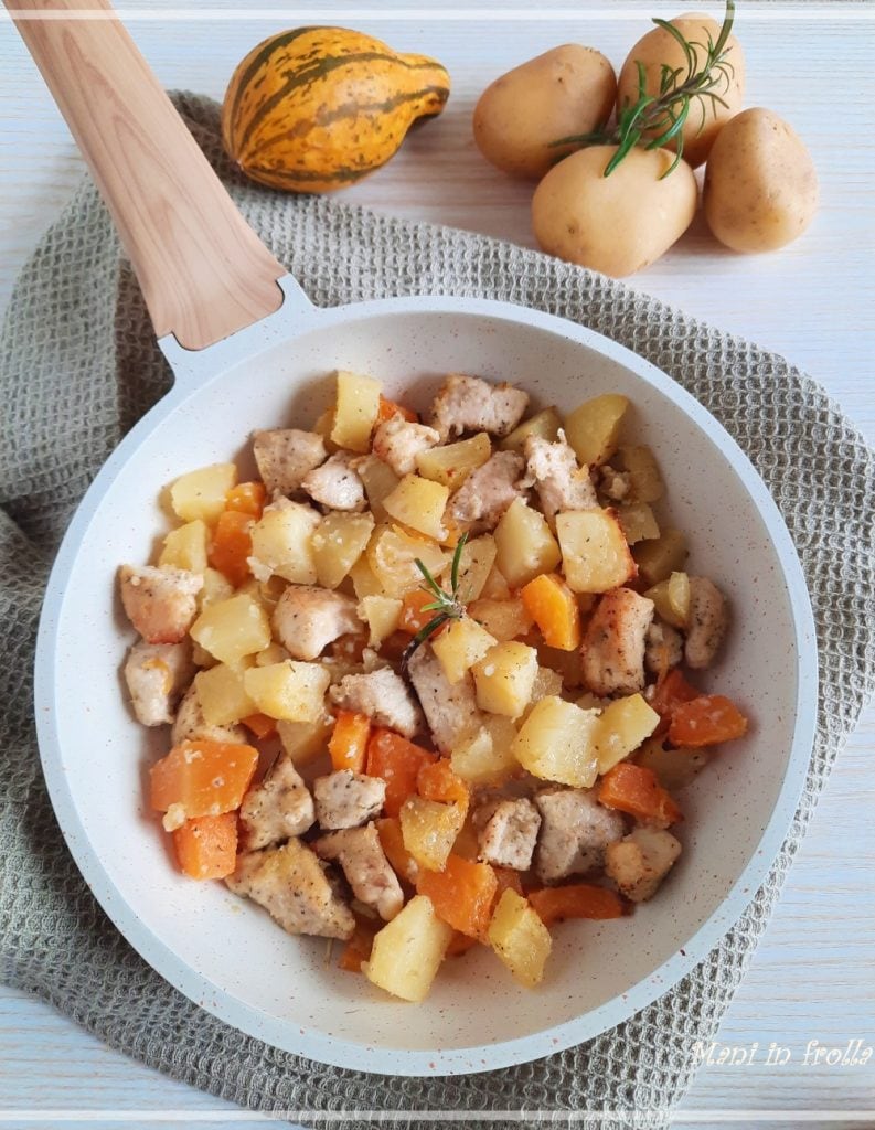 Kipnuggets uit de oven met pompoen en aardappelen