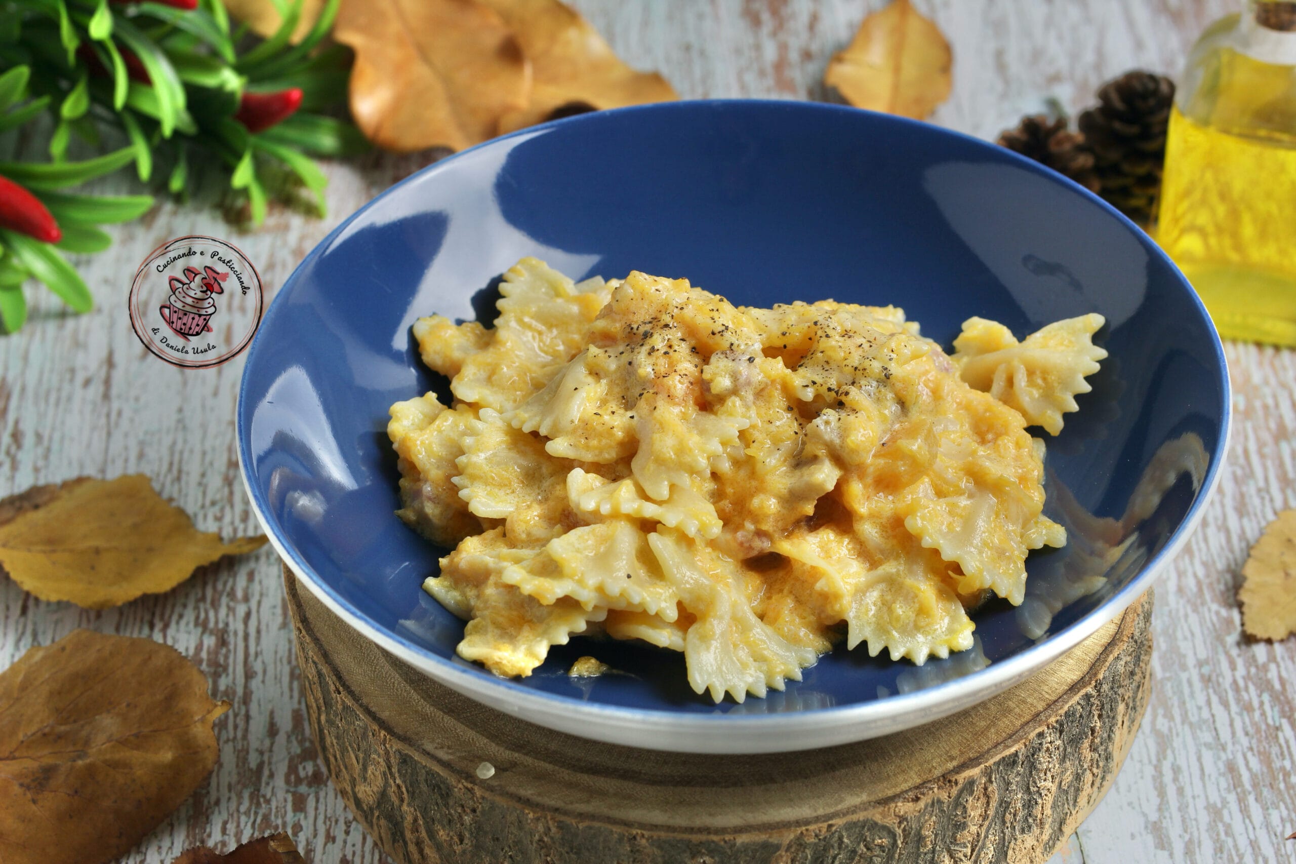 Pasta met pompoencrème en spekjes