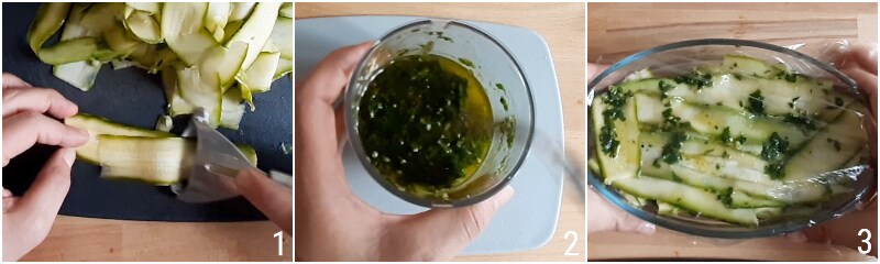 A. bereid de gemarineerde courgette voor de crostini