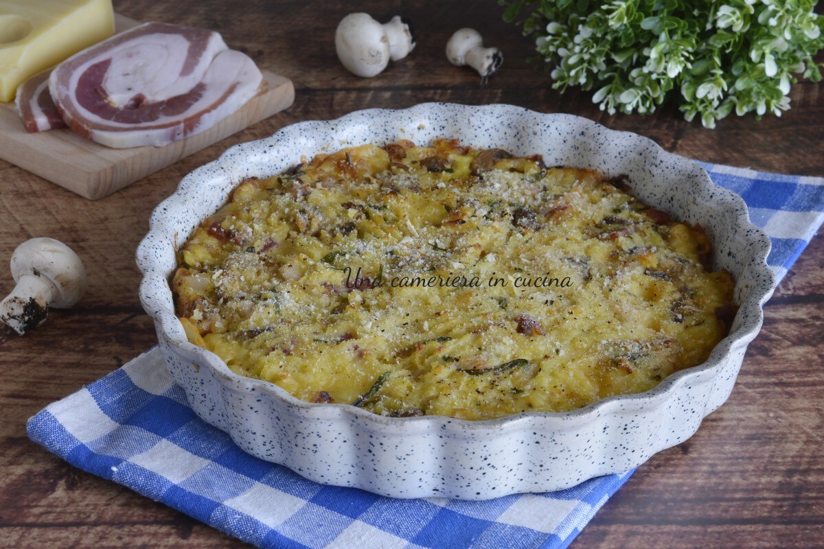 Aardappel- kaas- champignon- en spektaart