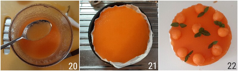 F. guarnire la torta fredda al melone e yogurt con palline di melone e menta