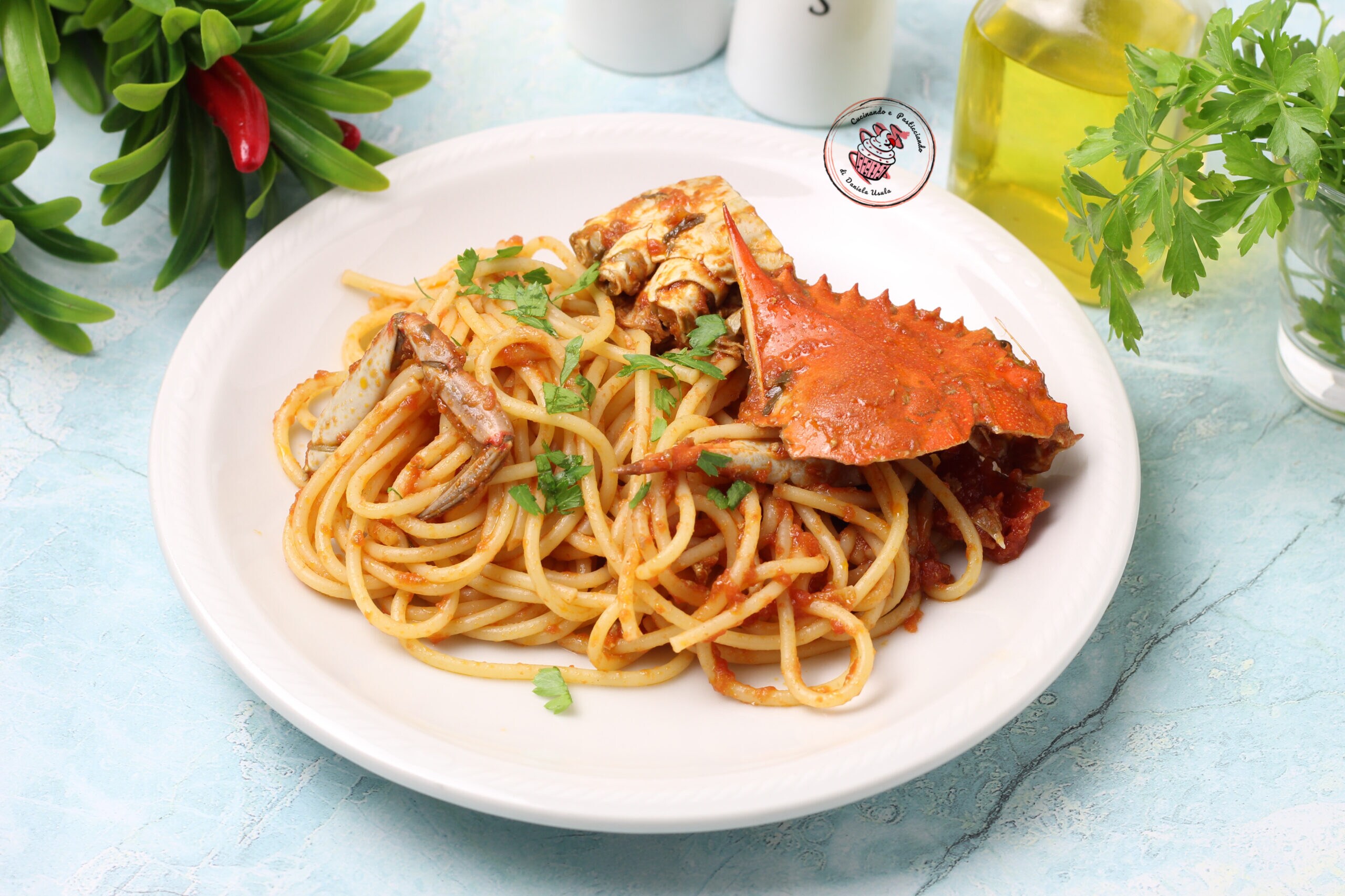 Spaghetti met blauwe krabsaus