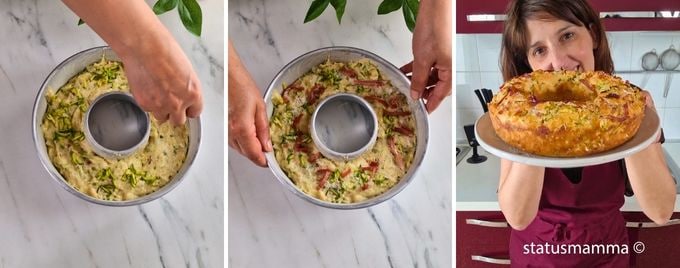 6. Bestrooi de bovenkant met geraspte Parmezaanse kaas, de apart gehouden courgettes en spek en bak in een statische oven op 175°C gedurende ongeveer 50 minuten. Doe altijd de satéprikkerproef na 40-45 minuten. 7. Laat afkoelen, ontvorm en serveer!