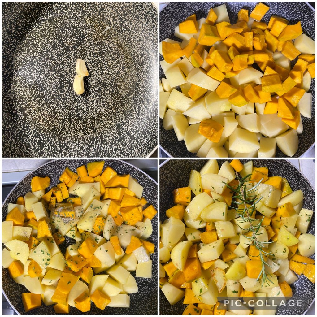 Pompoen en aardappelen in de pan