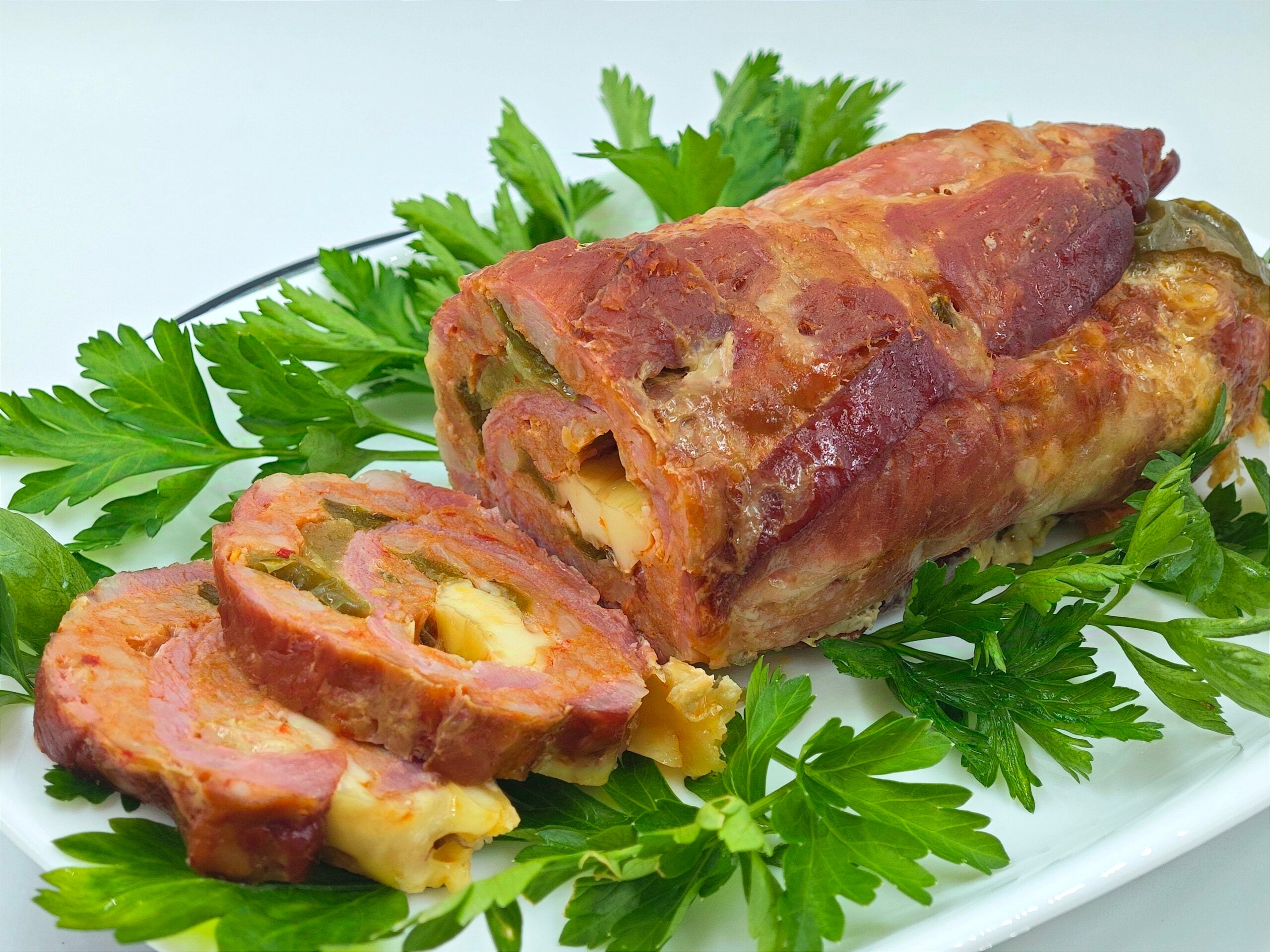 Varkensrollade met worstjes en paprika’s