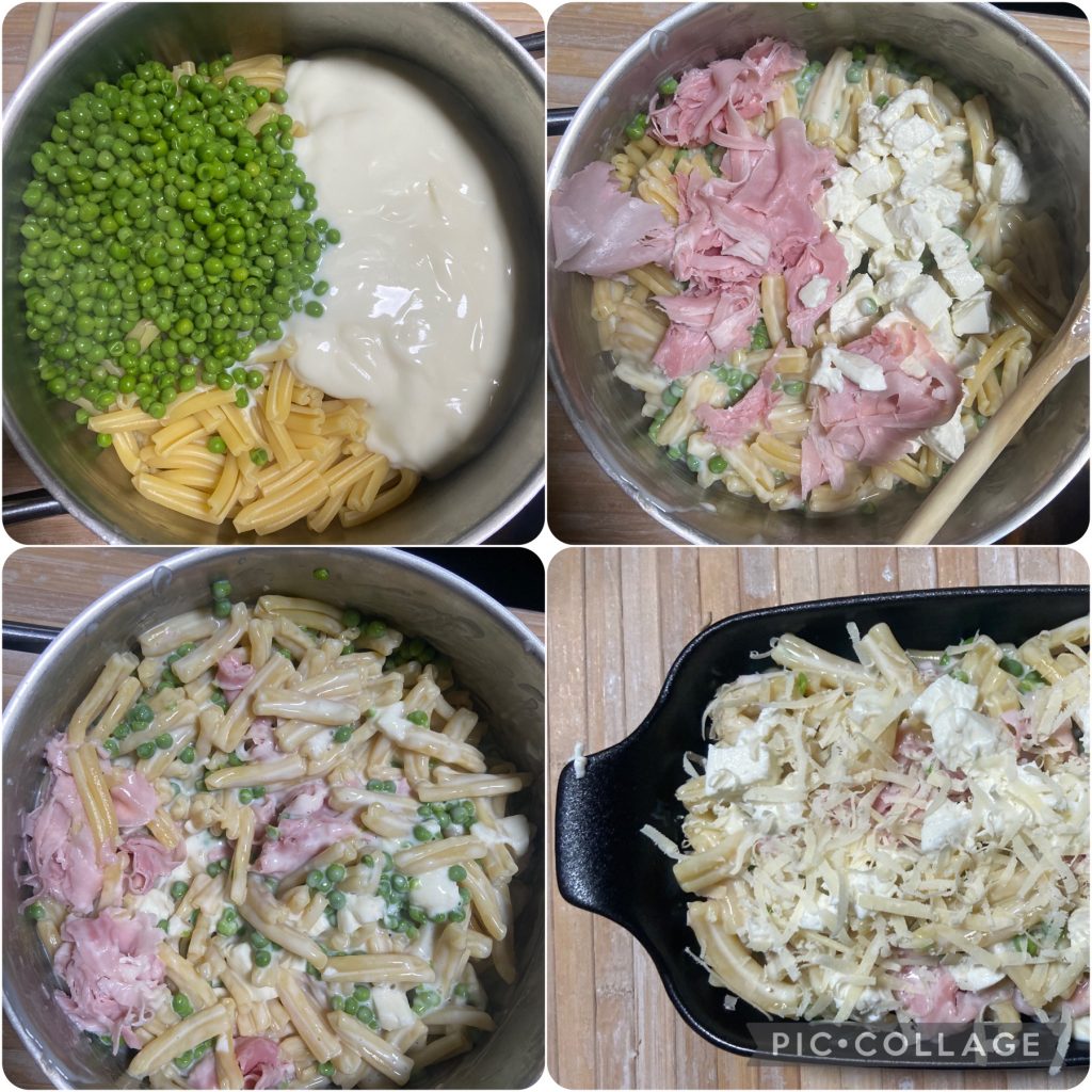 pasta uit de oven met erwten en ham