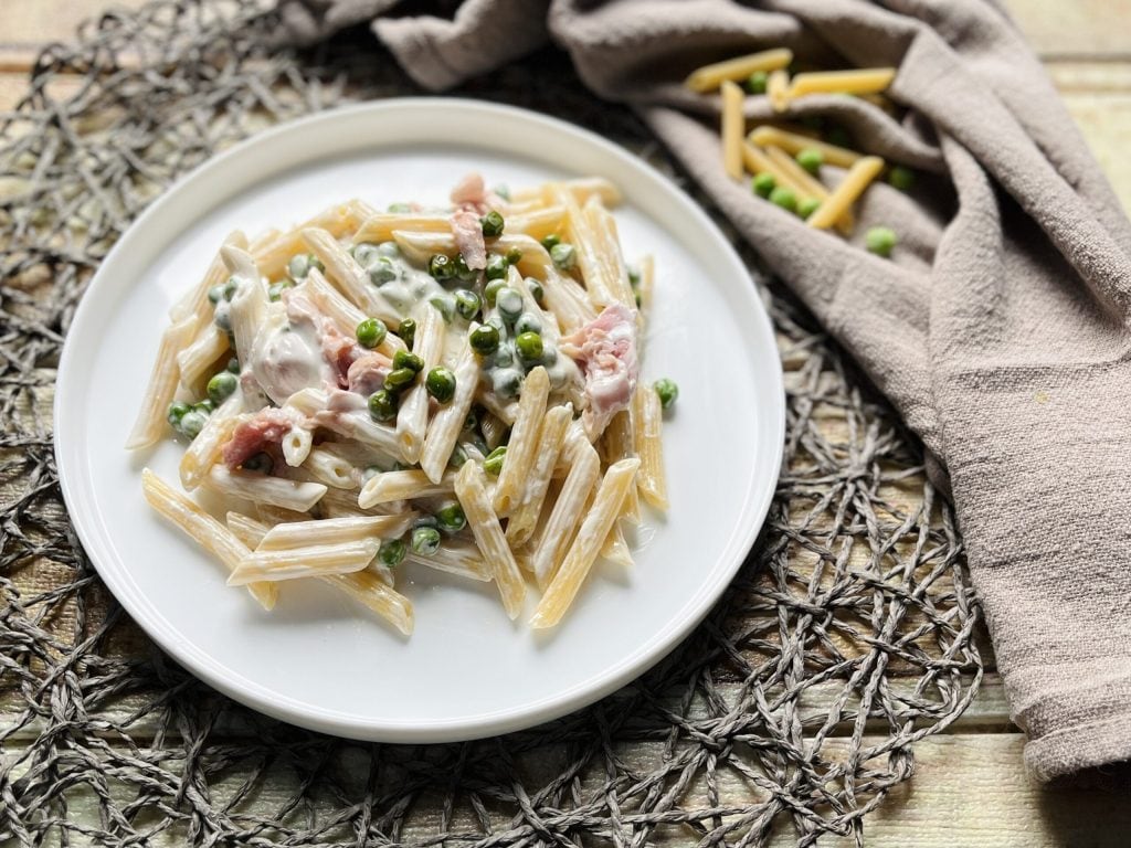 Penne met room erwten ham