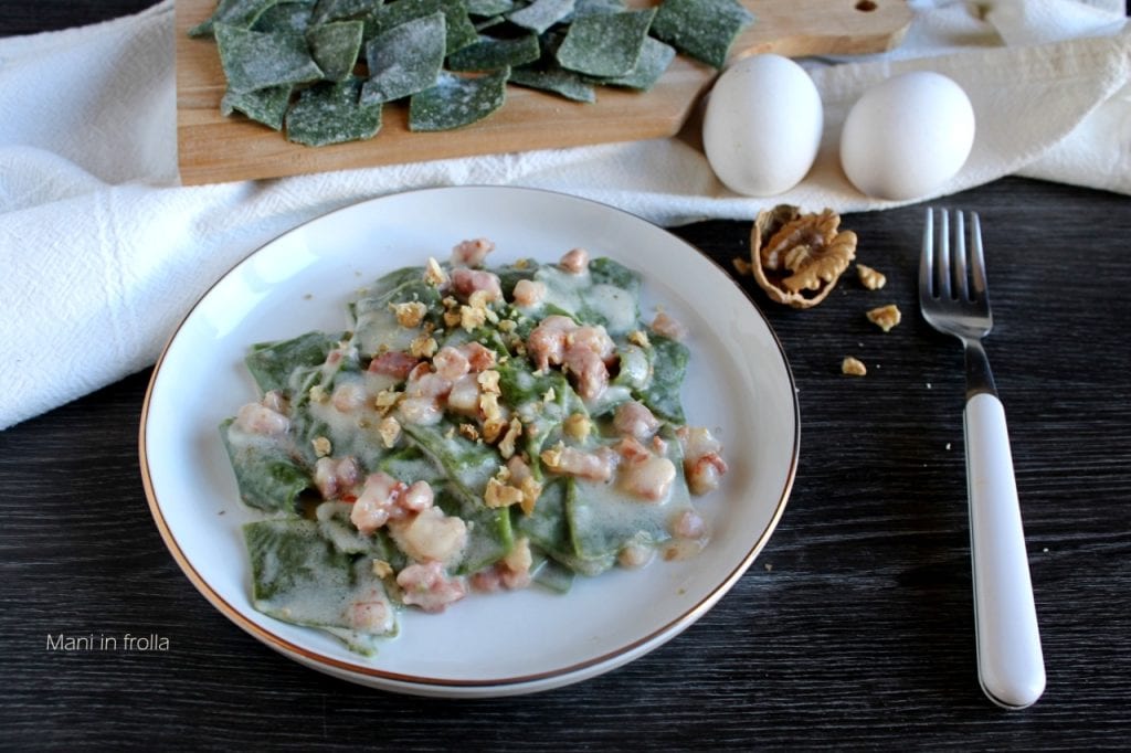 Maltagliati met spinazie, spek en stracchino