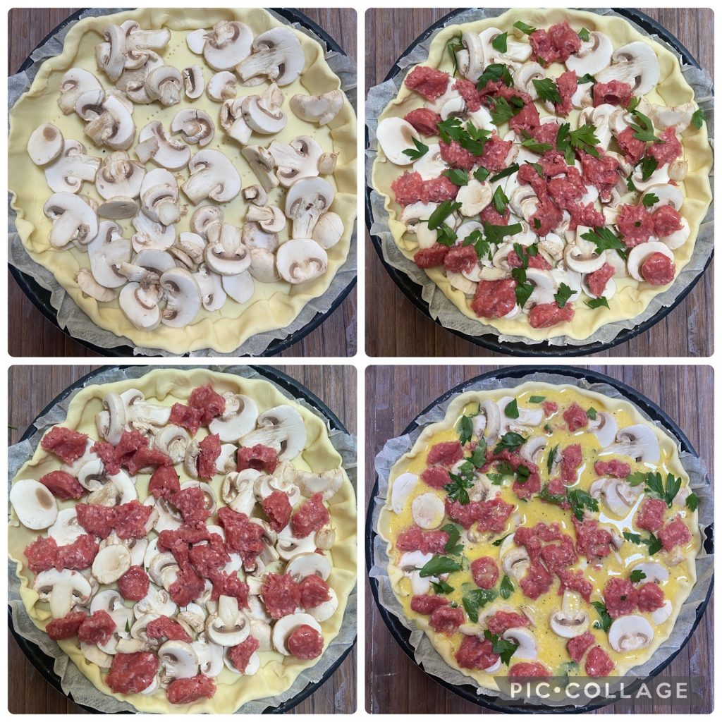 hartige taart met champignons en worst