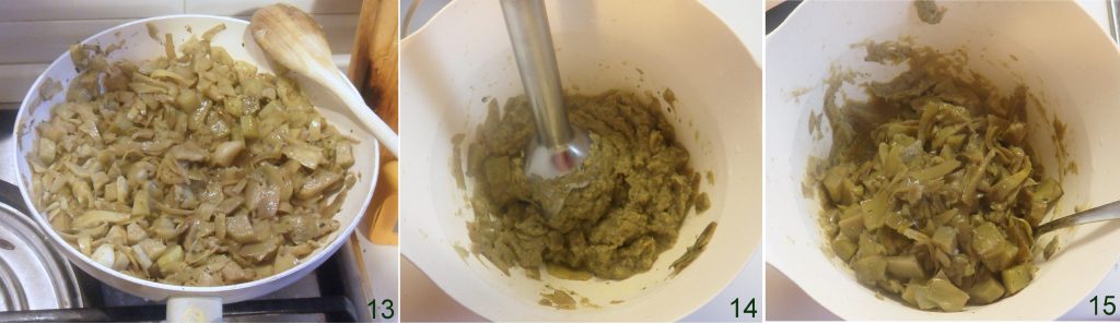 pureer een deel van de artisjokken om de saus voor de lasagne te maken