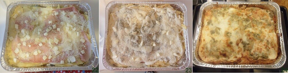 maak de lasagne in lagen afwisselend met artisjokkencrème en gekookte ham