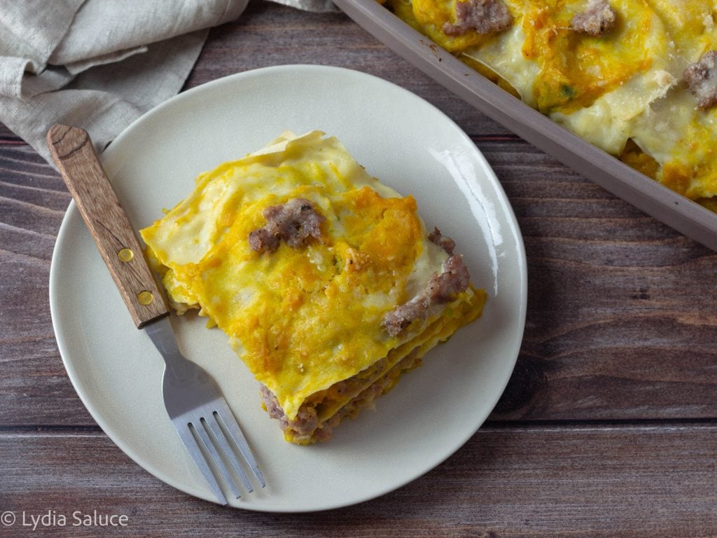 Lasagne met pompoen en worst
