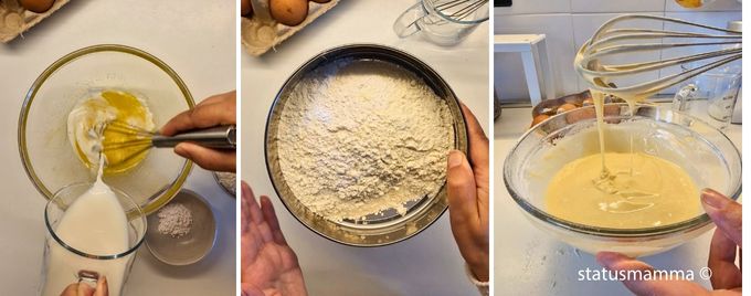 Luchtige pannenkoeken zonder boter- toevoeging van melk- gezeefde bloem en bakpoeder- alles mengen tot zonder klontjes