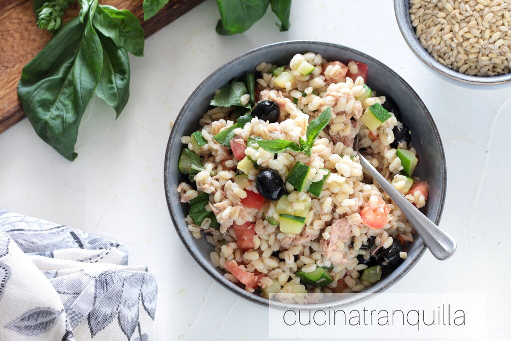 Gerst en tonijn salade met courgettes