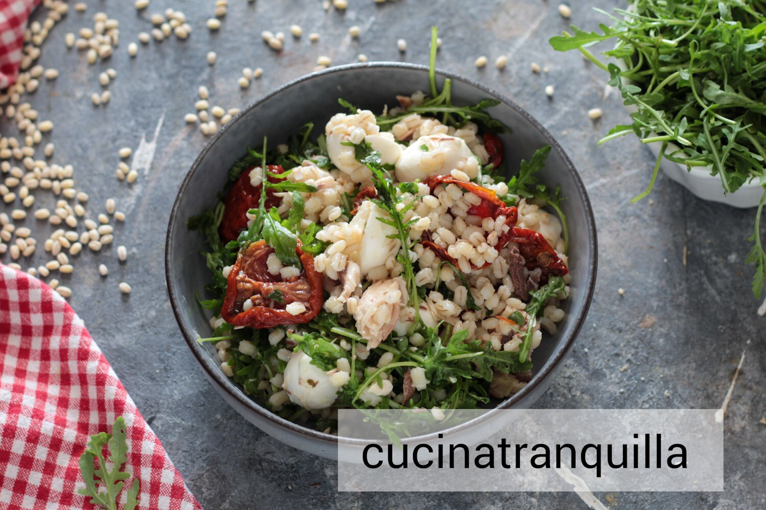 Gerste salade met makreel en zongedroogde tomaten