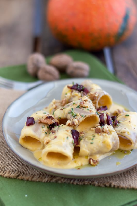paccheri met pompoencrème en speck