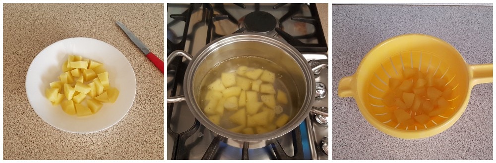 snijd de aardappelen in blokjes en kook ze