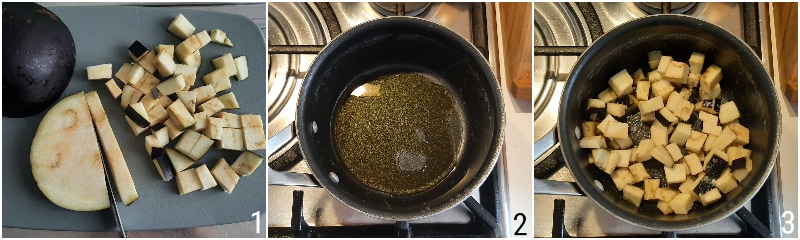 a. aubergines bakken voor risotto met tomaat en scamorza