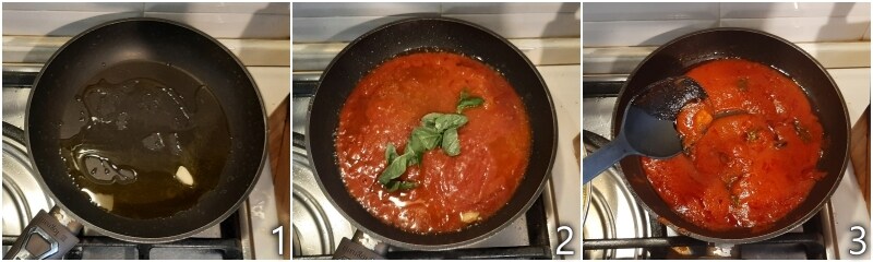 a. de tomatensaus en basilicum voor de sorrentina bereiden