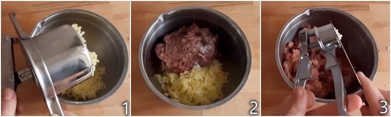 a. gehakt en gekookte aardappelen mengen voor superzachte gehaktballen