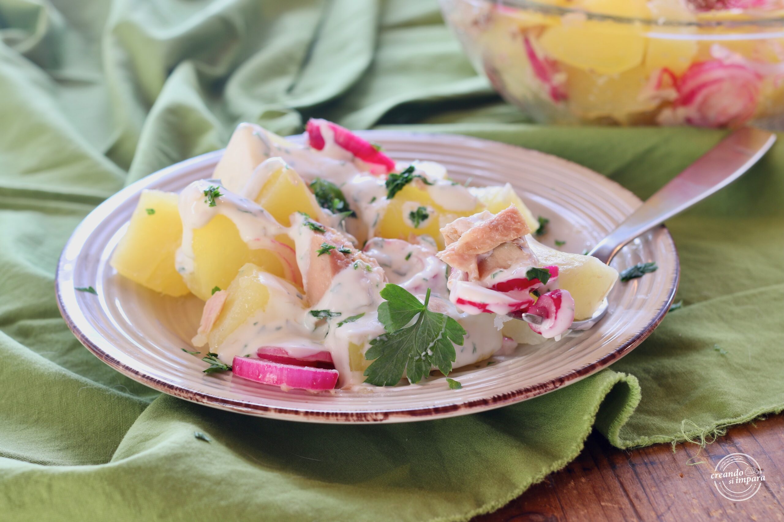 Aardappelsalade met tonijn en uien met yoghurtsaus