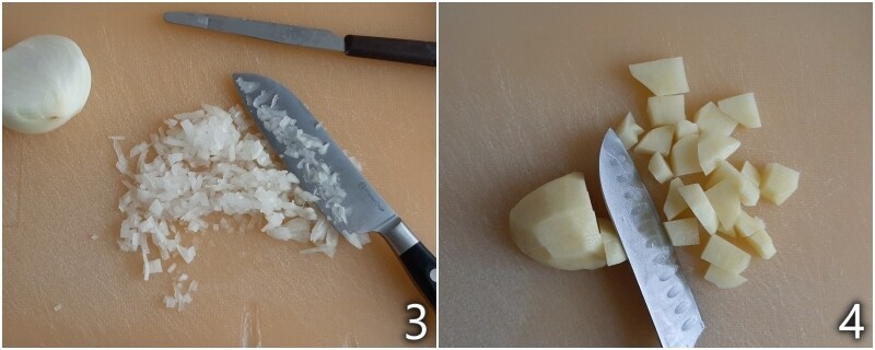 b. aardappelen in stukjes snijden voor de soep