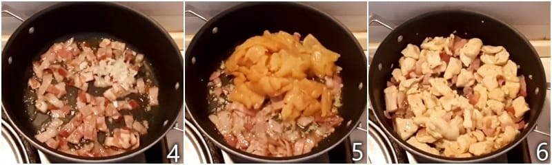 b. bak de stukjes kipfilet en de gerookte spek