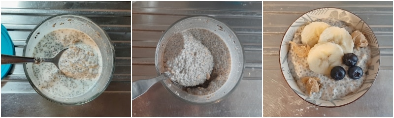 b. bereid de overnight chia pudding en garneer met bananen en bosbessen