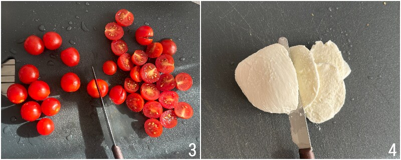 b. snijd de cherrytomaatjes en mozzarella
