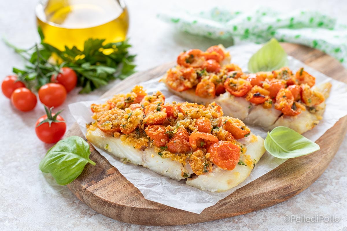 Gegratineerde baars met cherrytomaatjes