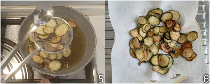 c. laat de gefrituurde courgettes goed uitlekken in diepe olie