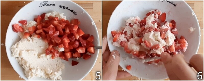 c. voeg de stukjes aardbei toe aan de ricotta voor de truffels