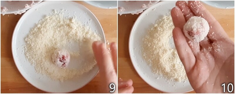 e. rol de aardbeien truffels door het kokosmeel