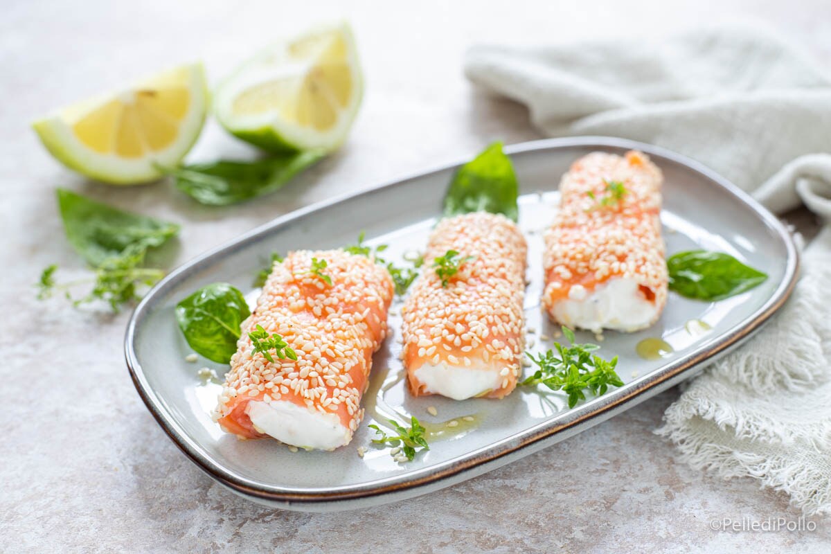 Gerookte zalmrolletjes en ricotta