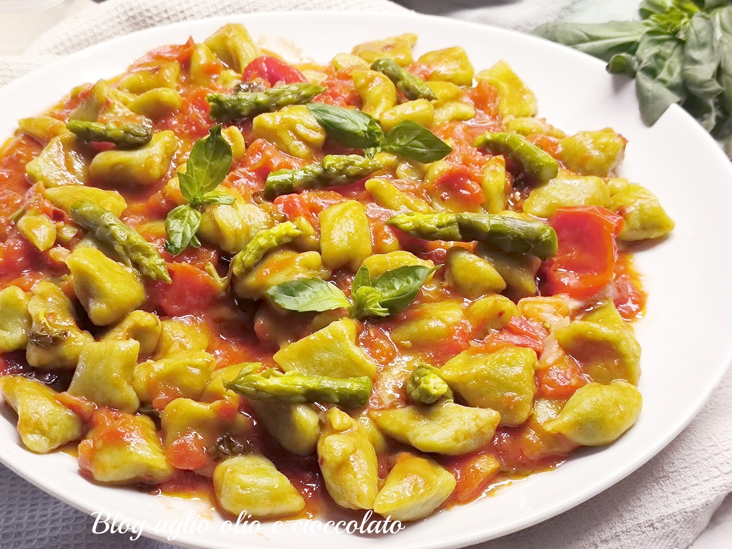 GNOCCHI VAN ASPERGES MET TOMAAT EN BASILICUM