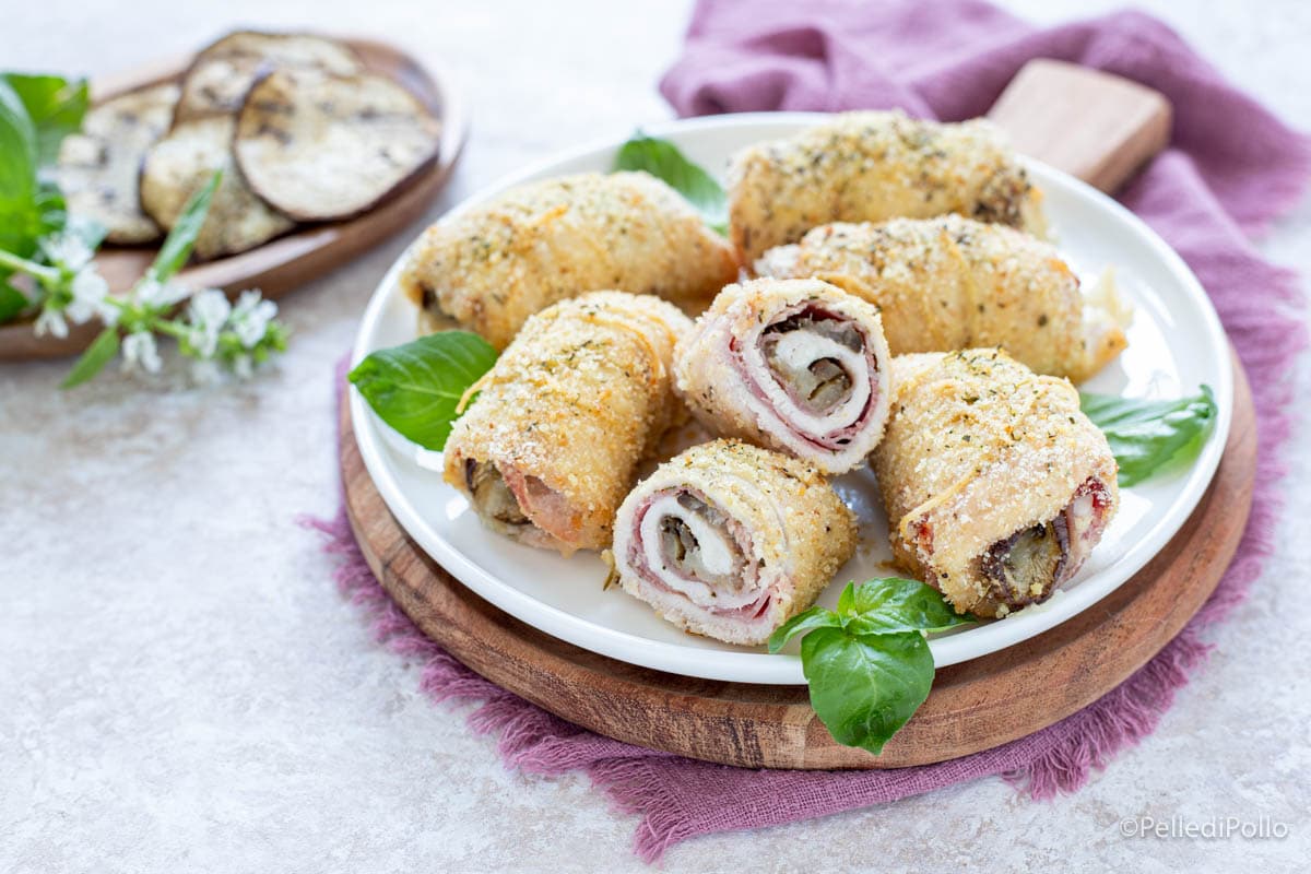 Kiprolletjes met aubergine en ham