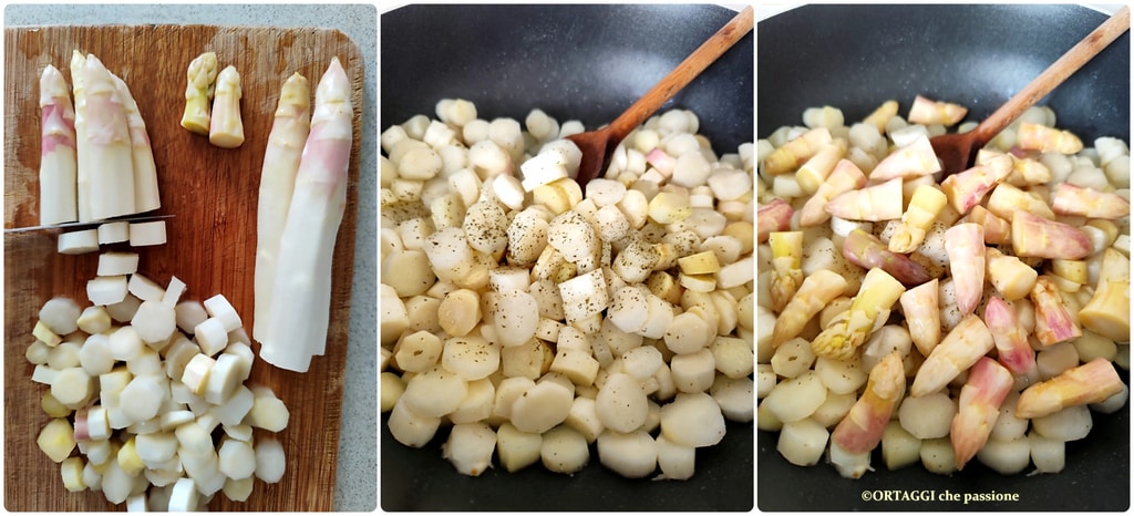 koken in de pan van witte aspergepunten