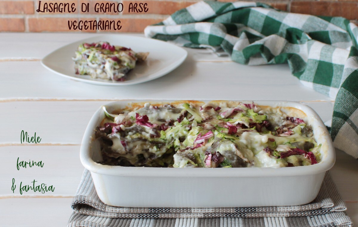 Lasagne van verbrande tarwe met courgette en radicchio