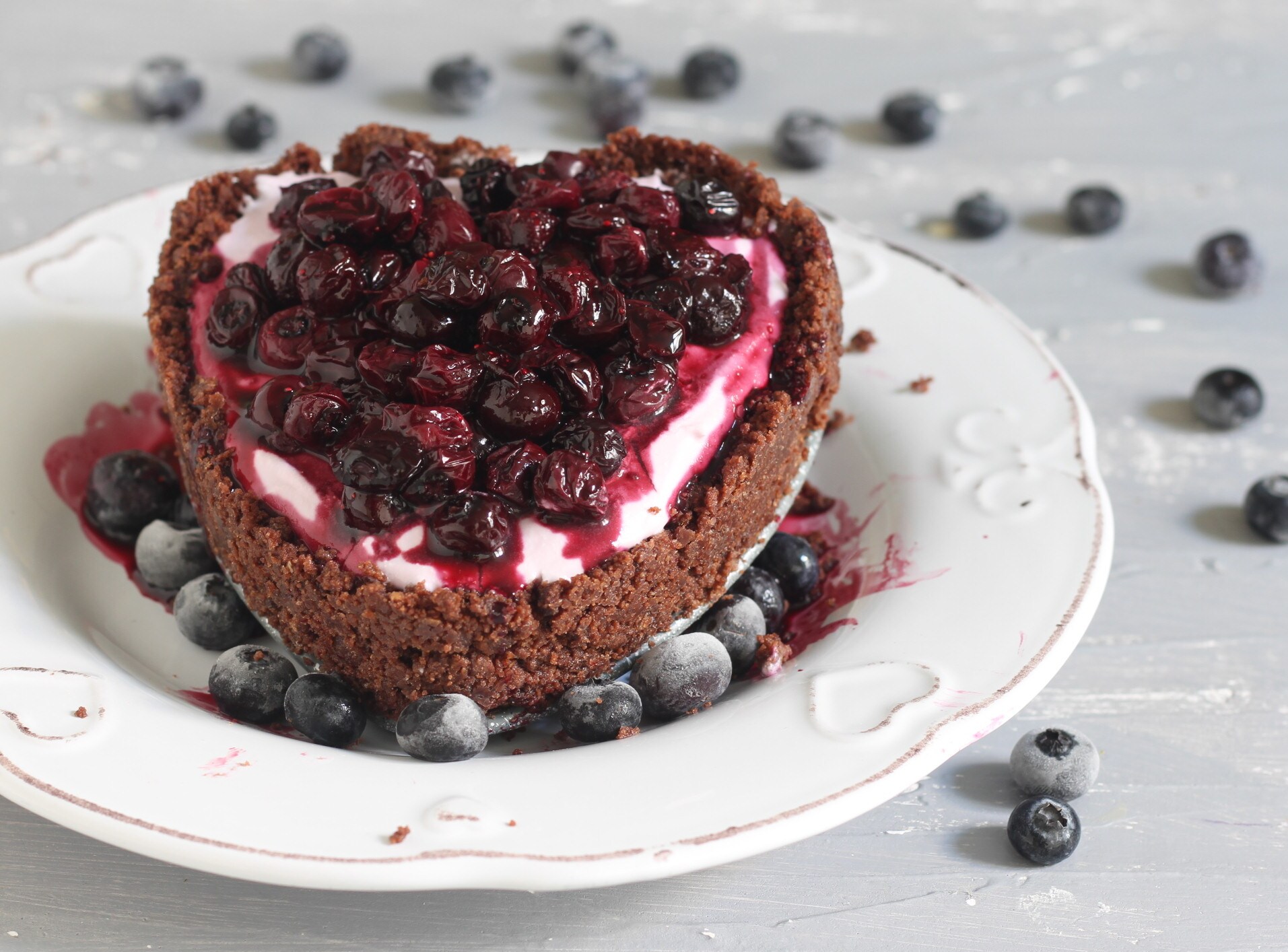 Chocolade en bosbessen cheesecake