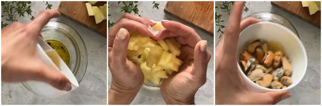 Pasta met aardappelen en mosselen in potkoken